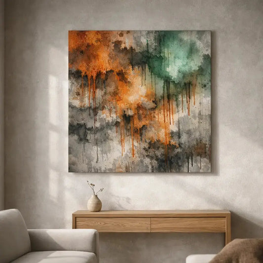 Modern living room featuring large abstract watercolor wall art above wooden console