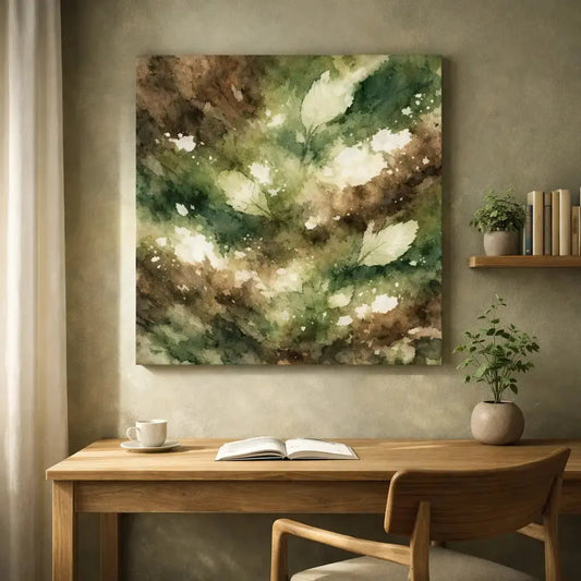 Modern home office with wooden desk and chair, wall art showing abstract leaf watercolor print