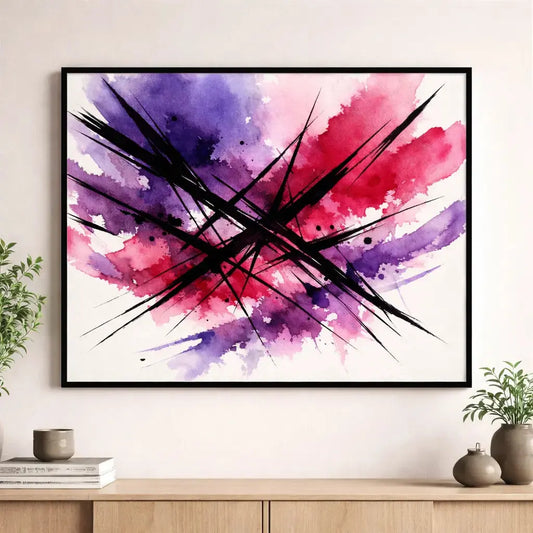 Framed abstract watercolor print displayed on a living room wall above a wooden cabinet