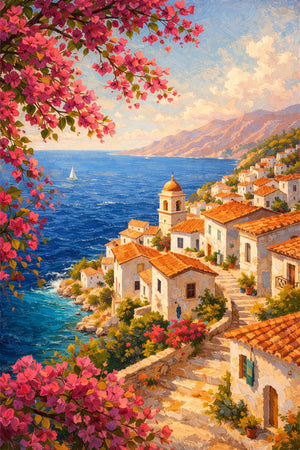 Amalfi Afternoon: Coastal Village & Bougainvillea Landscape