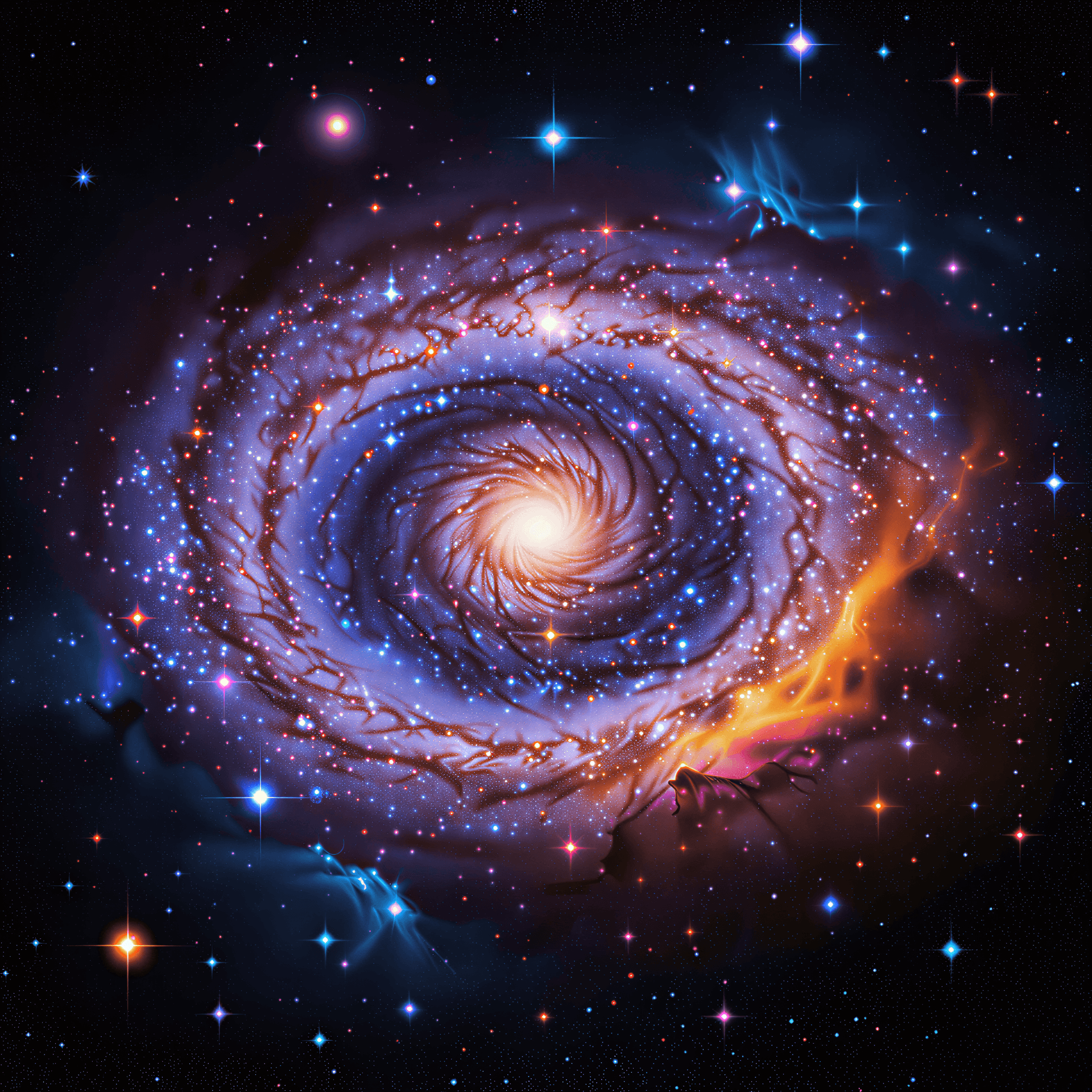 Swirling galaxy featuring vibrant purple and blue cosmic clouds, bright stars, and a central glowing core.