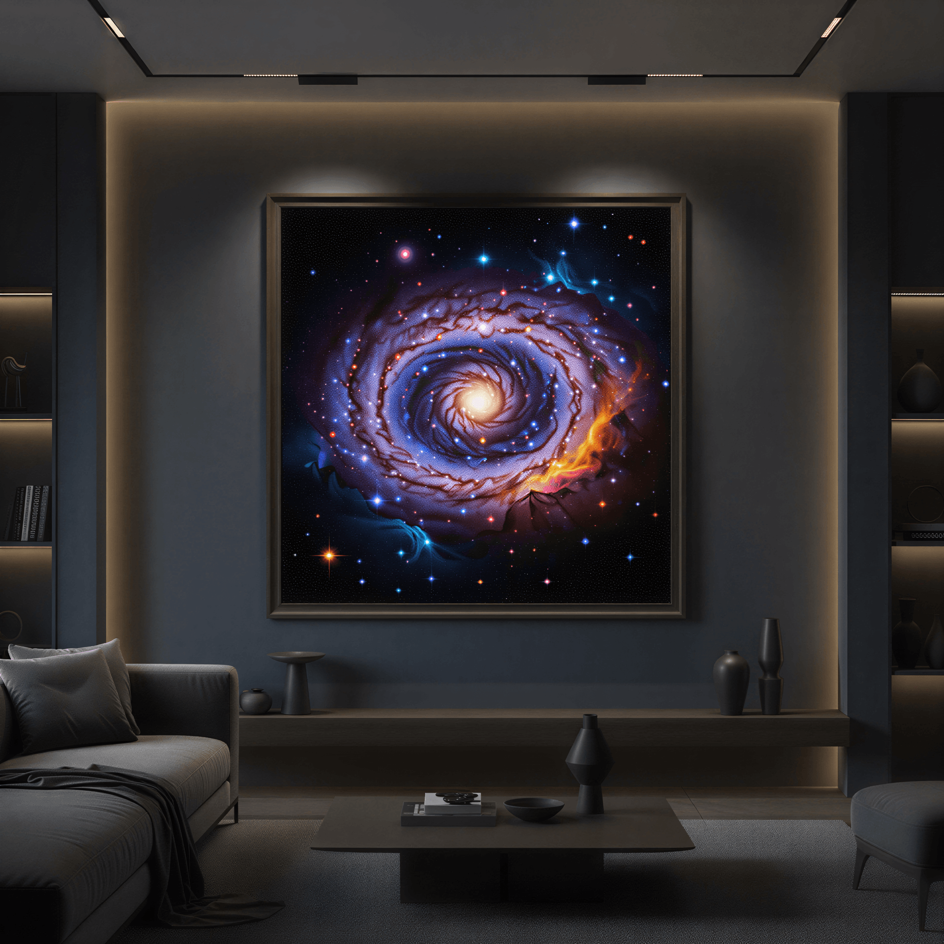 Swirling galaxy artwork in a dark frame, displayed on a wall above a modern sofa and coffee table.