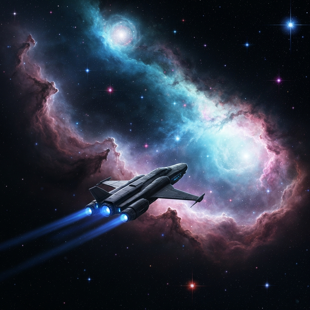 Starship Crossing the Nebula Veil RANDOMH3ROSinc
